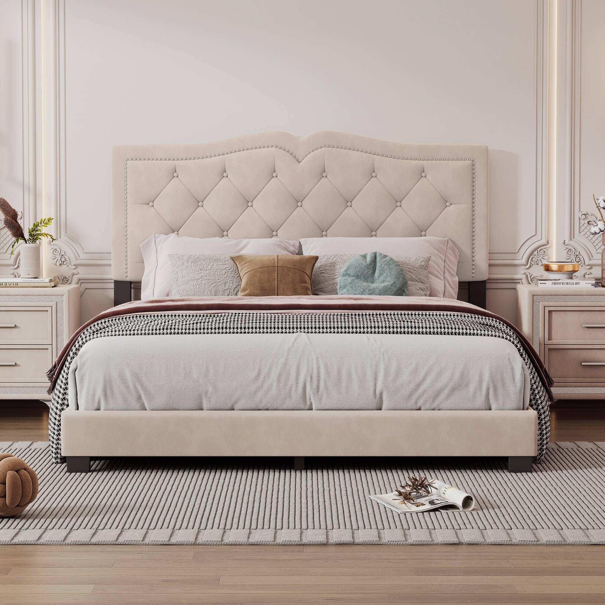 Queen Full Size Upholstered Bed Frame with Rivet Design, Modern Velvet Platform Bed