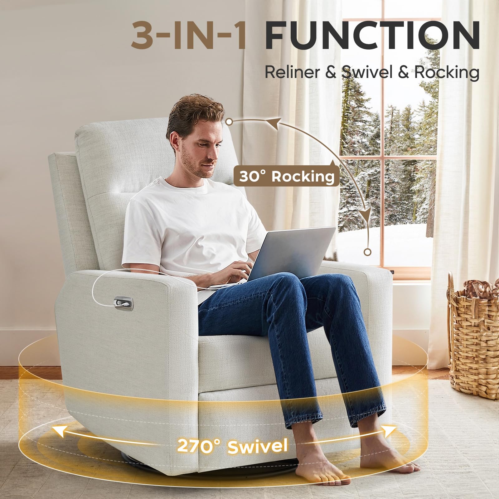 FlexNest Swivel Rocker Recliner with USB-C & Ergonomic Wing Back