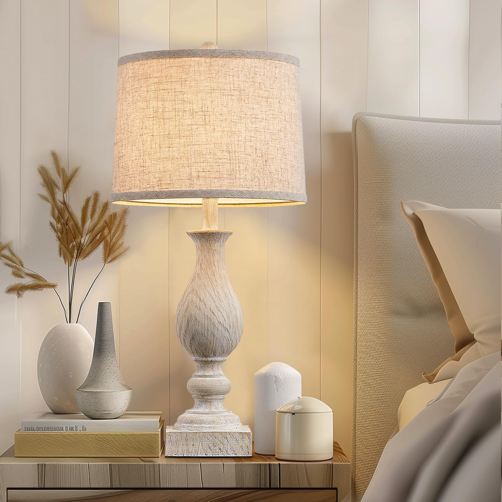 Farmhouse Table Lamp Set of 2 with USB Ports - 28" Vintage Bedside Lamps