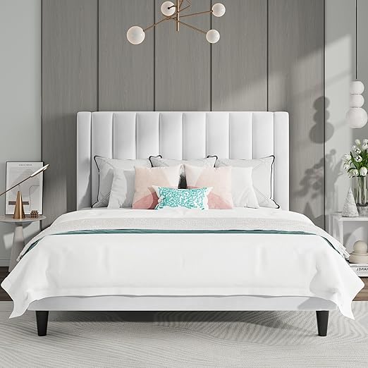 Queen Bed Frame/Velvet Upholstered Platform Bed Frame with Headboard/Strong Wood