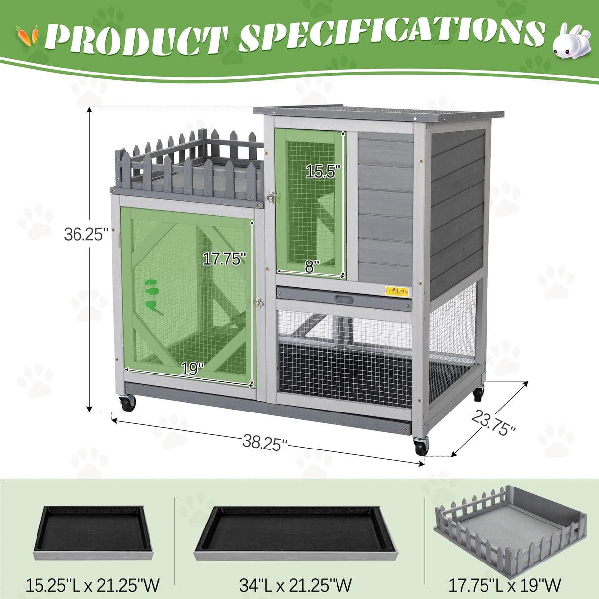 Rabbit Hutch with Balcony - Small Animal House Bunny Cage on Wheels for Indoor Outdoor