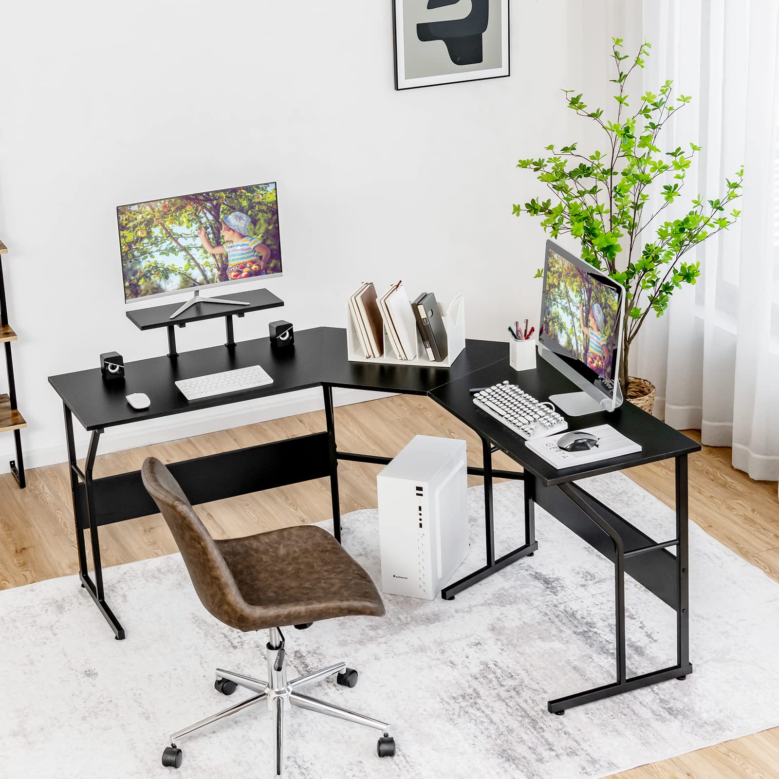 Reversible Computer Desk, 2 Person Long Computer Workstation w/Movable Monitor Stand, Large Home Office Corner Desk for Working Writing Gaming (Black)