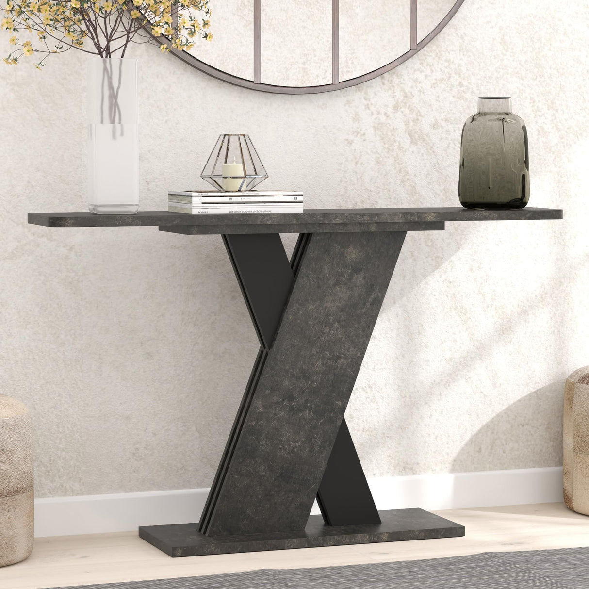 55'' Console Table, Industrial Narrow Entryway Table with Special Support Design