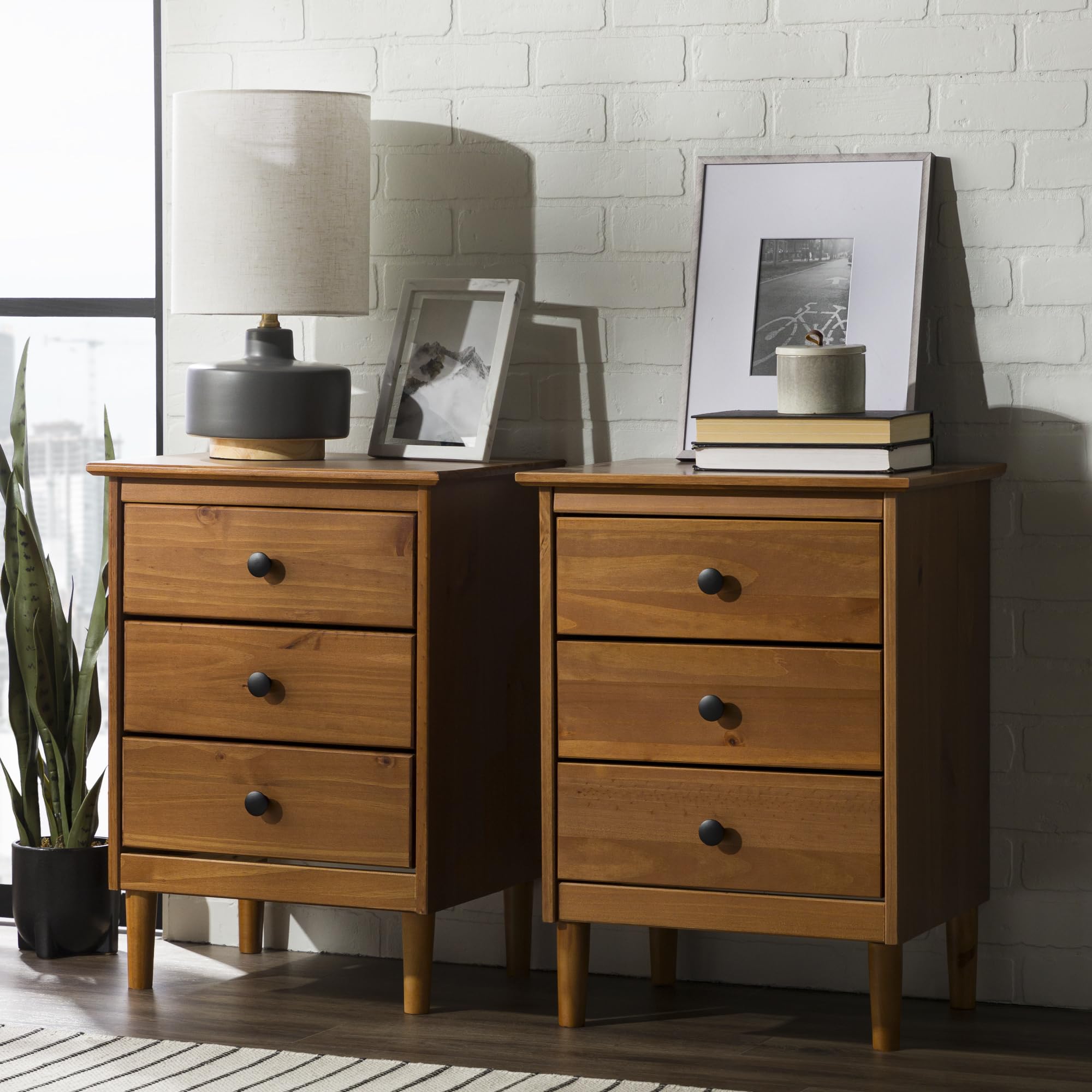 Myron Modern 2 Piece Solid Wood 3 Drawer Nightstand Set, 2 Pack, Caramel