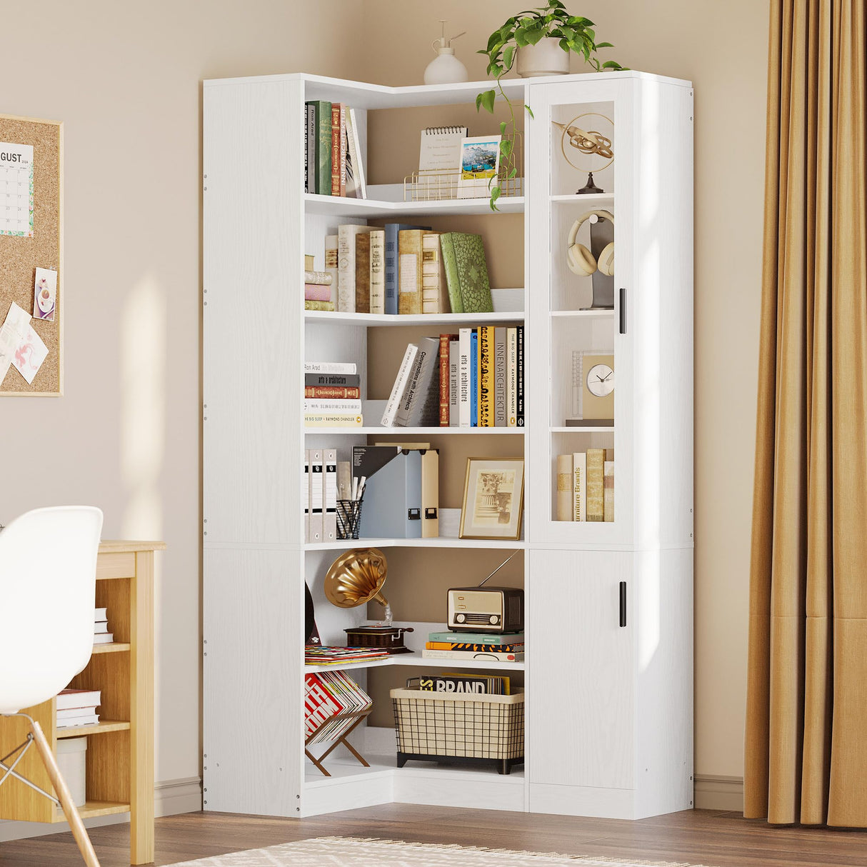 Bookshelf, 6-Tier Bookshelf with Doors and Storage, L Shaped Corner Bookshelf for Bedroom,
