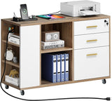 File Cabinet with Charging Station, Mobile Lateral Filing Cabinet with Lock