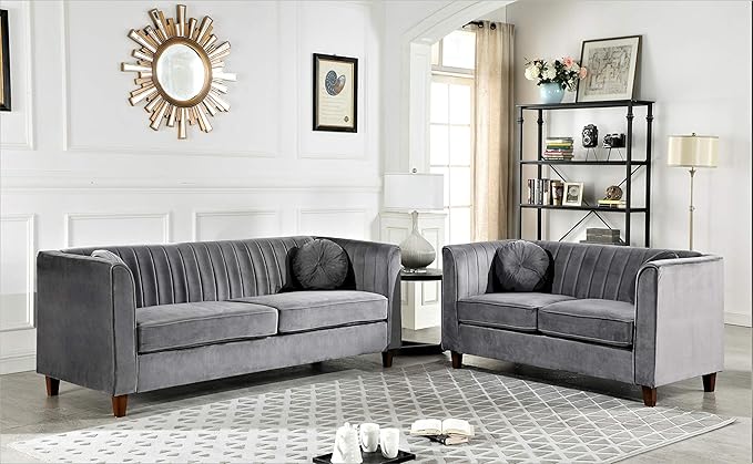 55" Modern Loveseat with Soft-Cushioned Backrest, Piped Details & Tapered Wood Legs