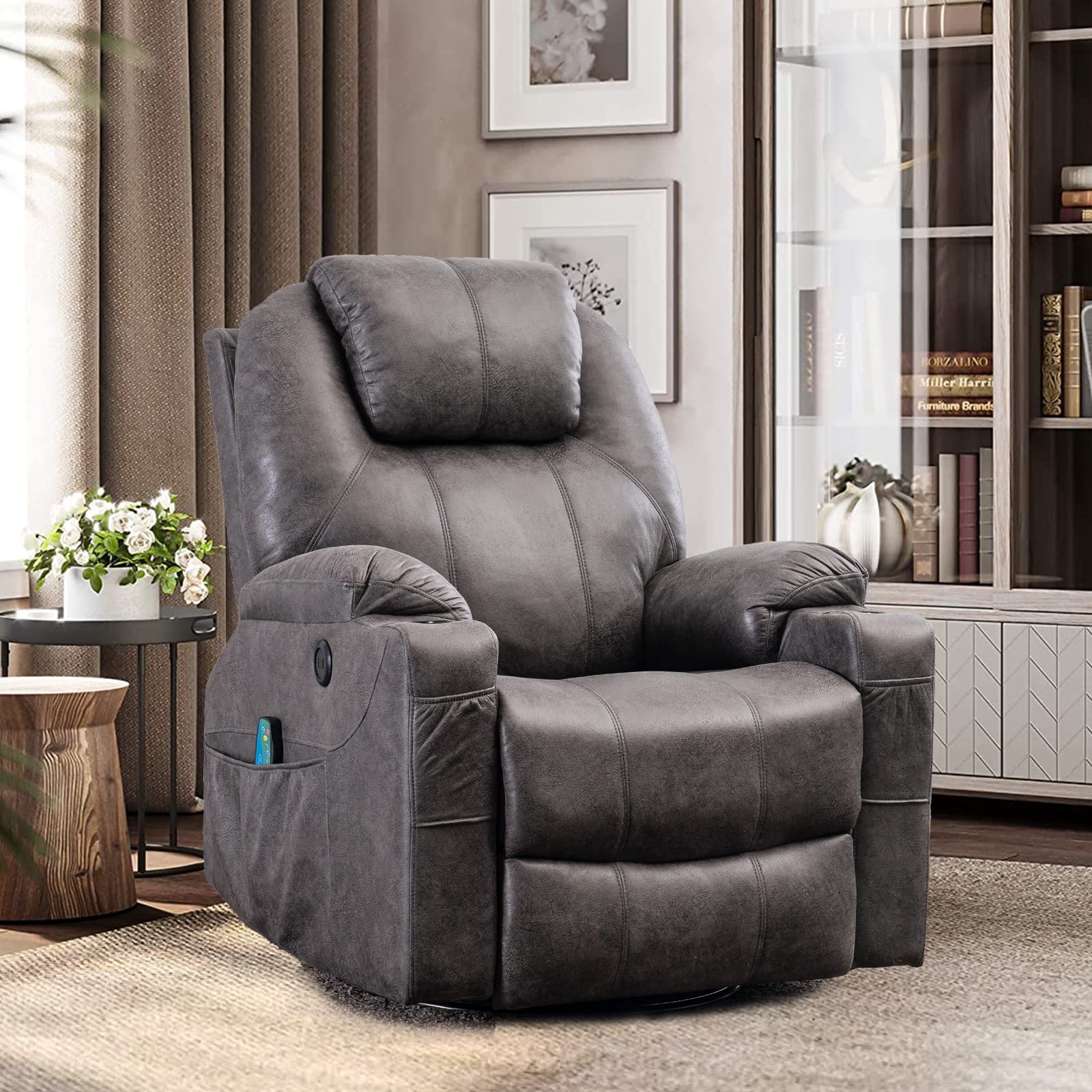ZenLuxe Swivel Glider Recliner – Massage, Heat, USB, Cup Holders