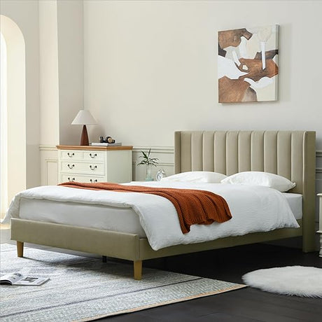 upholstered Platform Bed Frame/Queen Bed Frame/Modern Geometric Double-Wing