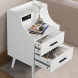 White NightStand with Charging Station, Nightstand with 2 Drawers and Open