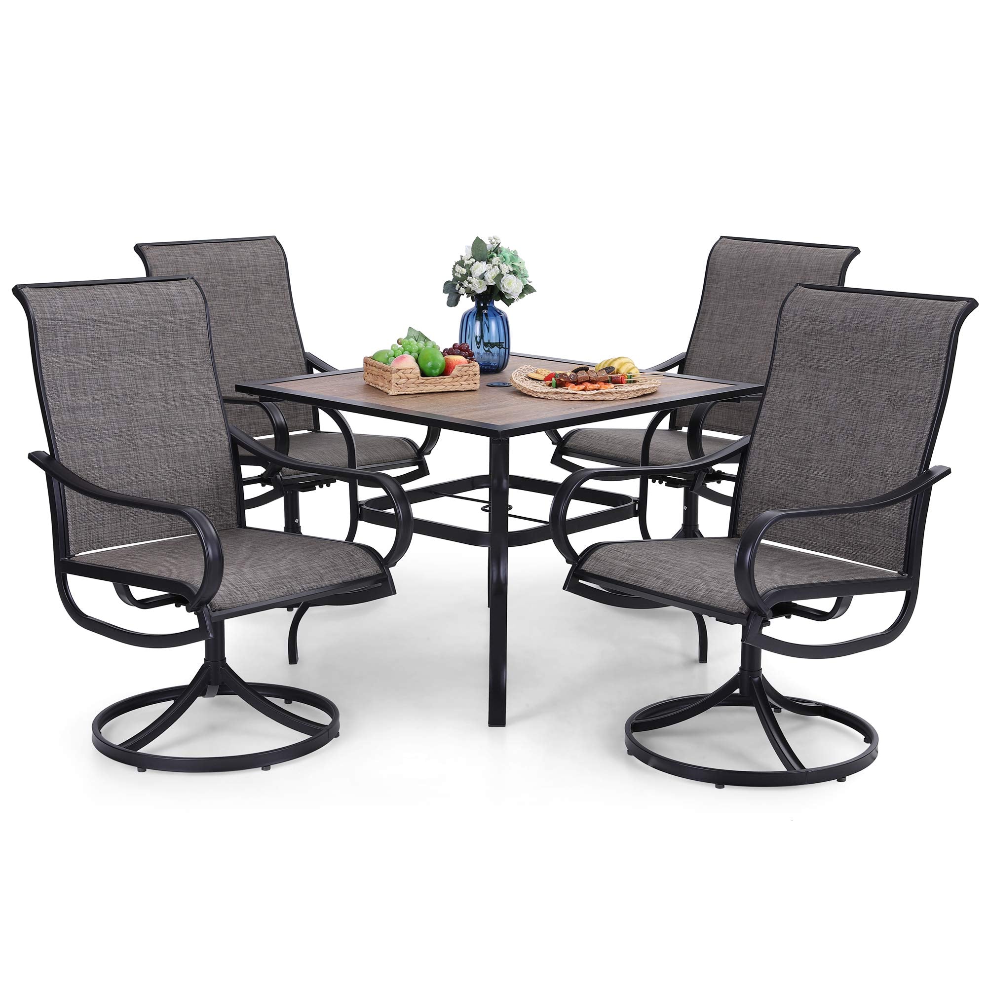 Outdoor Patio Dining Set for 4, 5 PCS Patio Table & Chair Set Clearance with 4 Swivel Dining Chairs & 1 Square Patio Table(1.57" Hole), Patio Dining Furniture for Lawn Garden, Black Coated