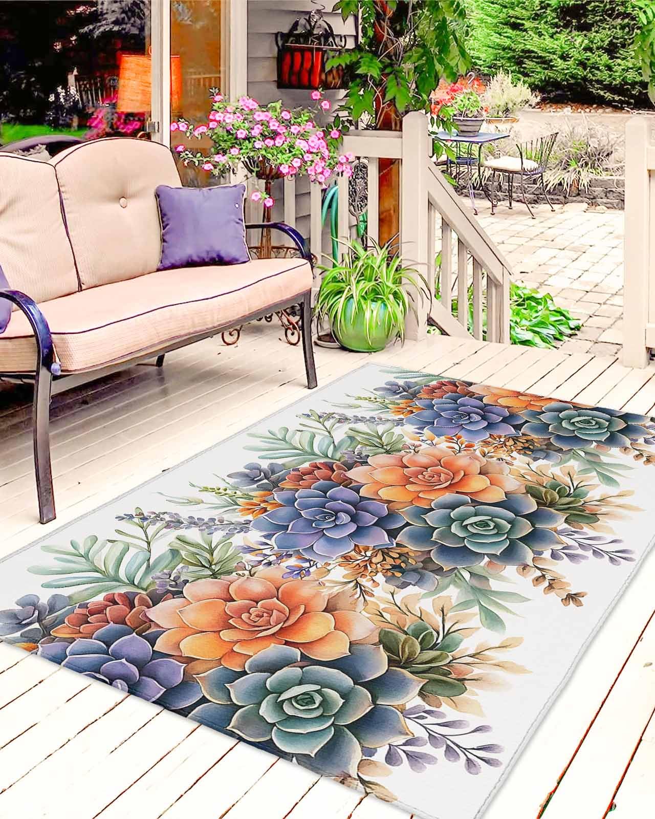 Outdoor Rug 6x9 ft Watercolor Succulent Outdoor Large Area Rug Non Slip Rubber Colorful