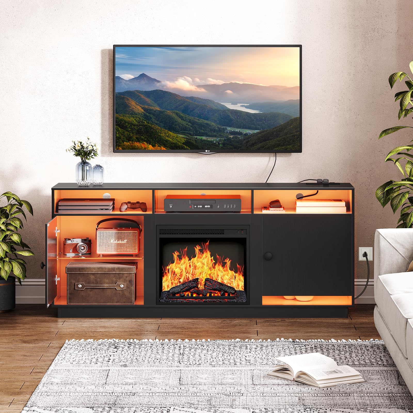 Electric Fireplace TV Stand with Charging Station and LED Lights