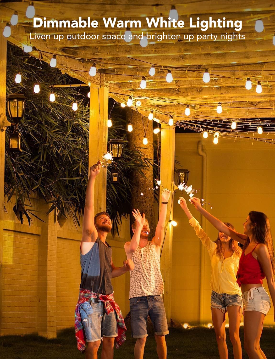 Outdoor String Lights H7021, RGBIC Warm White 96ft (2 Ropes of 48ft) LED Bulbs