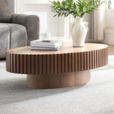 Oval Drum Coffee Table Handcrafted Relief Sturdy Pedestal Wooden Olive