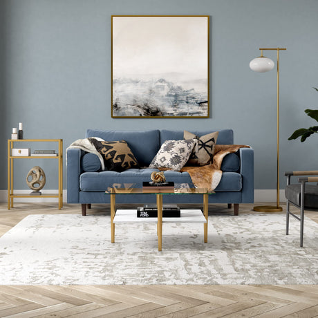 32" Wide Square Coffee Table with Faux Marble Shelf in Brass