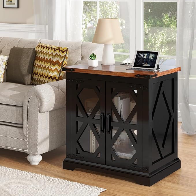 Farmhouse End Table, 24" Side Table with Charging Station, Night Stand