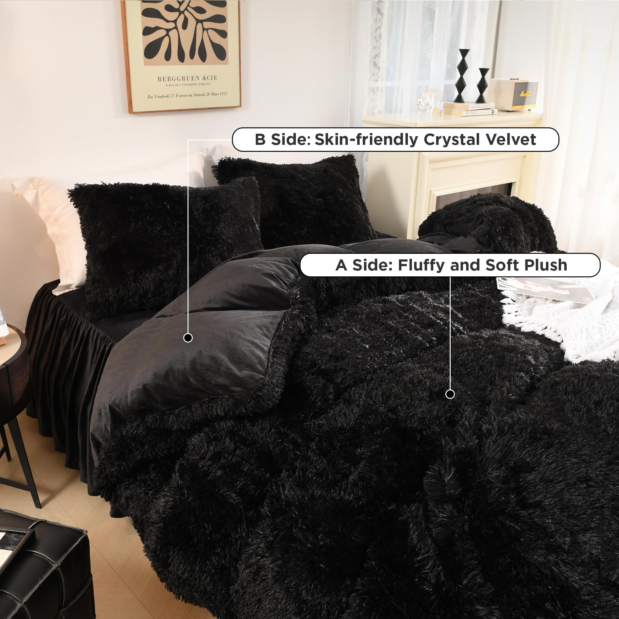 Black Fluffy Comforter King Size, Luxury Plush Faux Fur Bedding Set for King Bed,