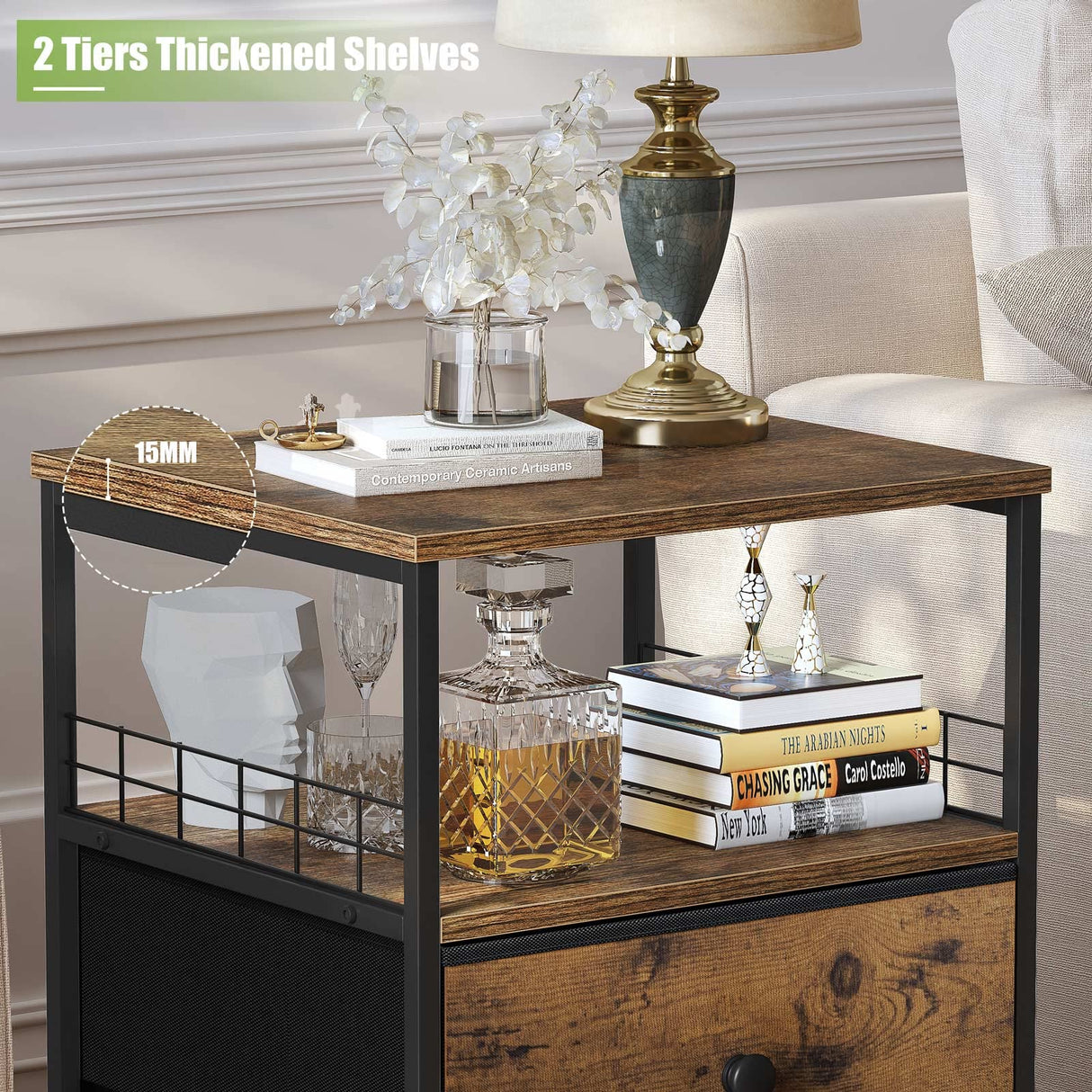 Nightstand Set of 2, Bedside Table with Fabric Drawers and Open Wood Shelf Storage