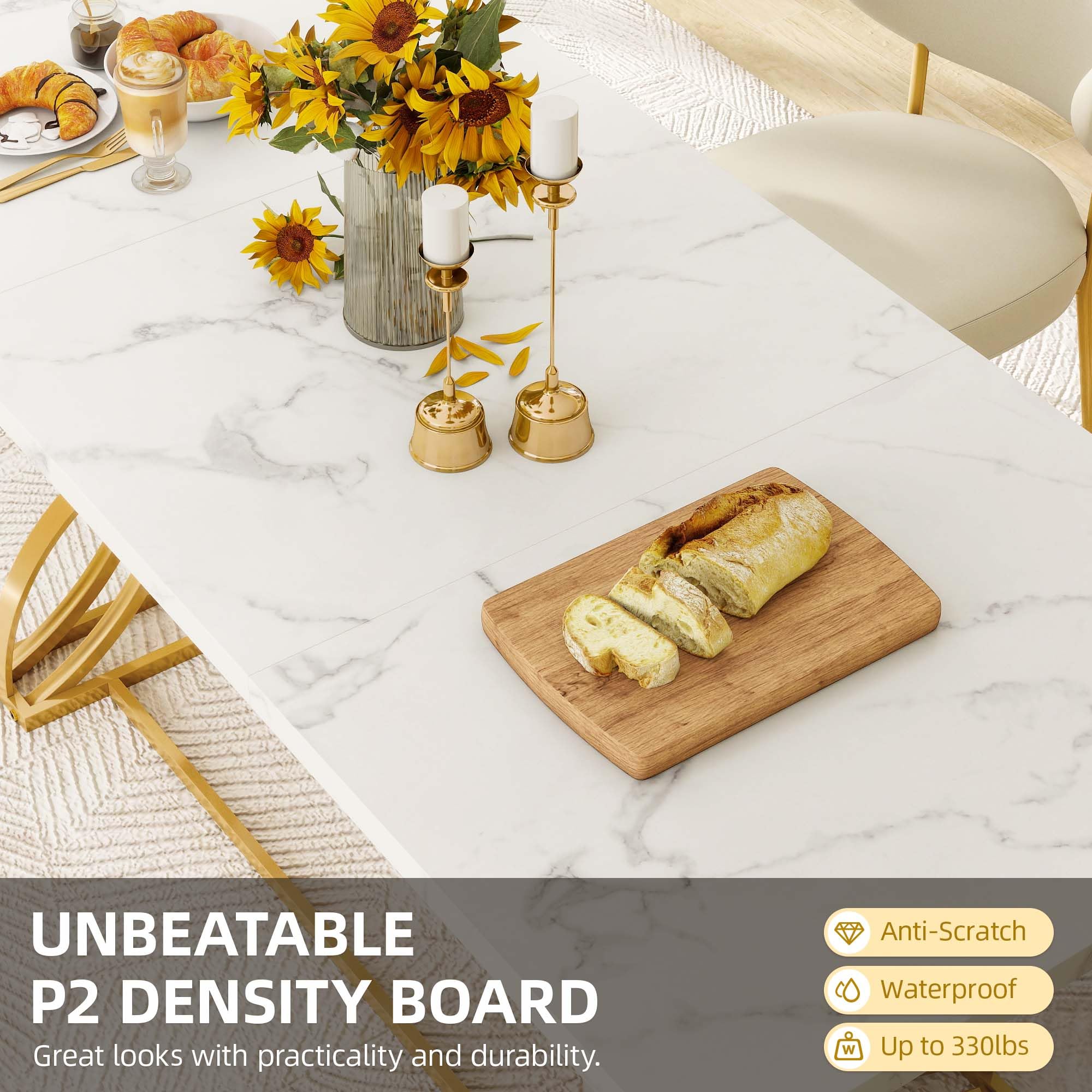 70.3" Modern Dining Table for 6-8 People - White Marble & Gold