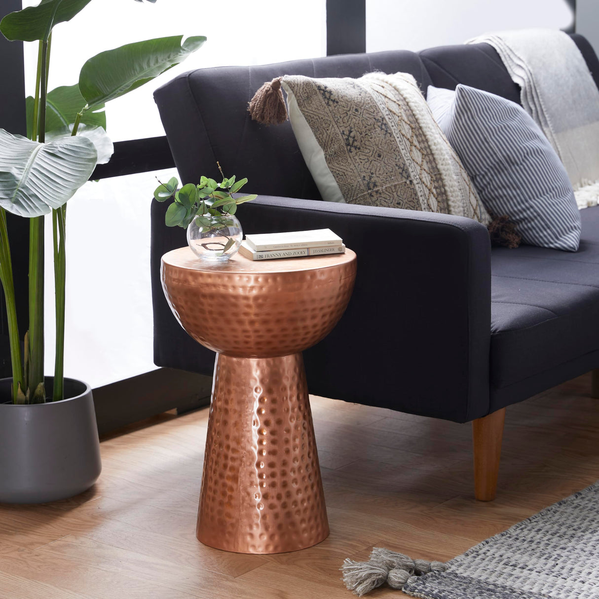 Deco 79 Metal Handmade Side End Accent Table End Table with Hammered Design, Side Table 14" x 14" x 20", Copper - Bircata