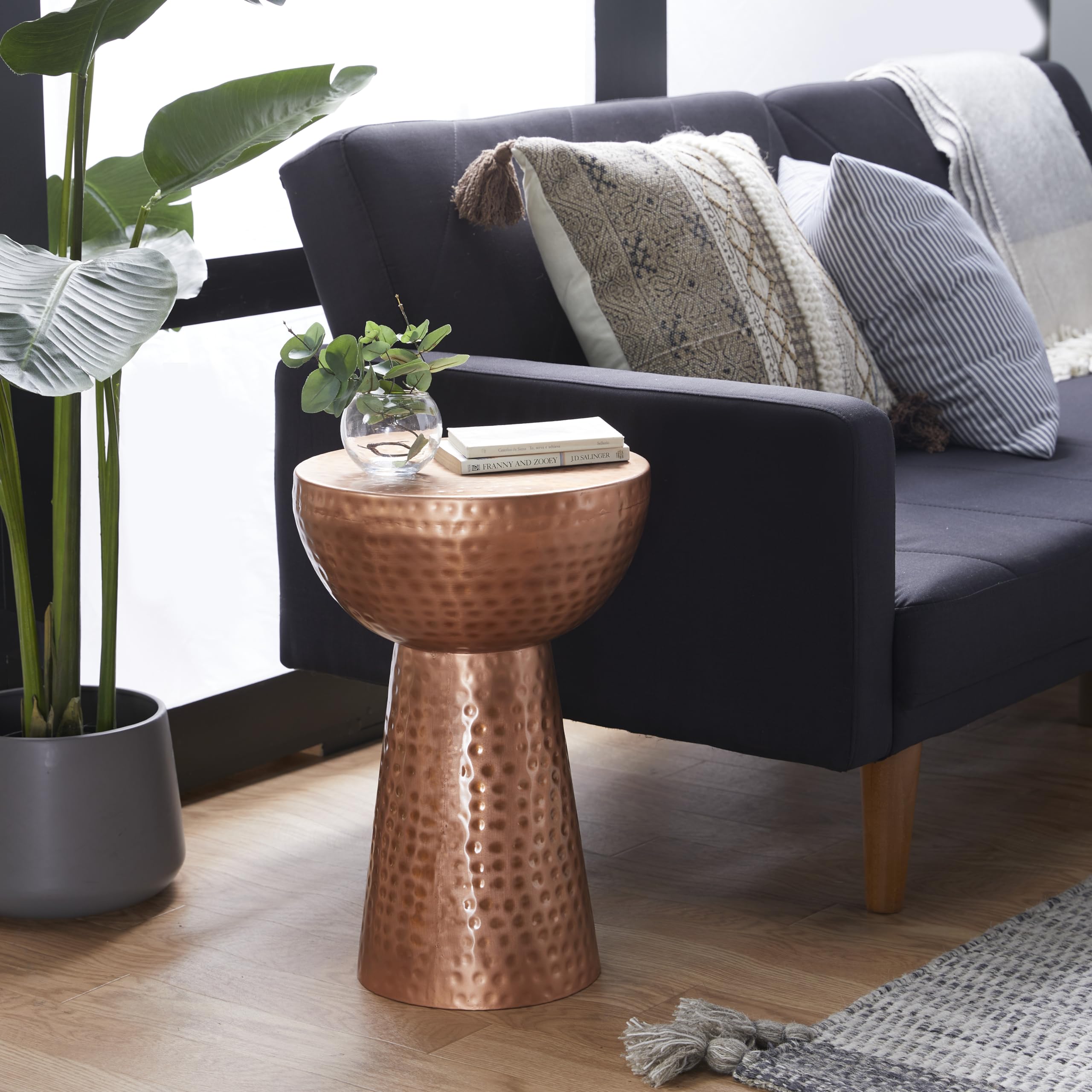 Deco 79 Metal Handmade Side End Accent Table End Table with Hammered Design, Side Table 14" x 14" x 20", Copper - Bircata