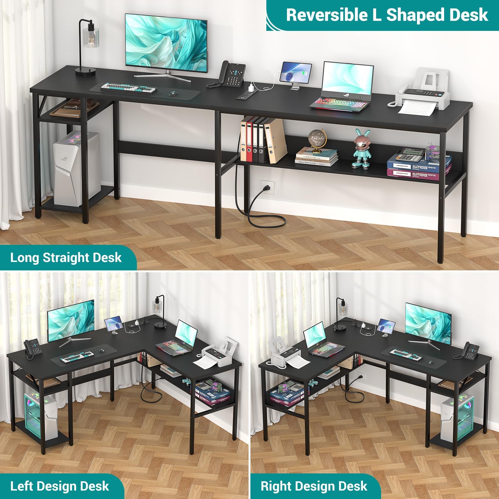 Reversible L Shaped Computer Desk with Power Outlets and USB Charging Ports