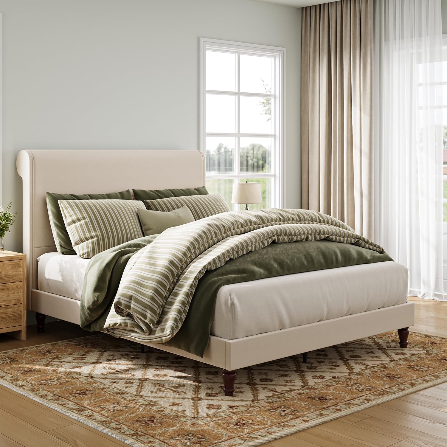 PNZOZO Queen Size Bed Frame with Headboard Upholstered Sleigh Bed Frame Platform Bed Frame No Box Spring Needed | Wood Slats | Cream White Easy Assembly