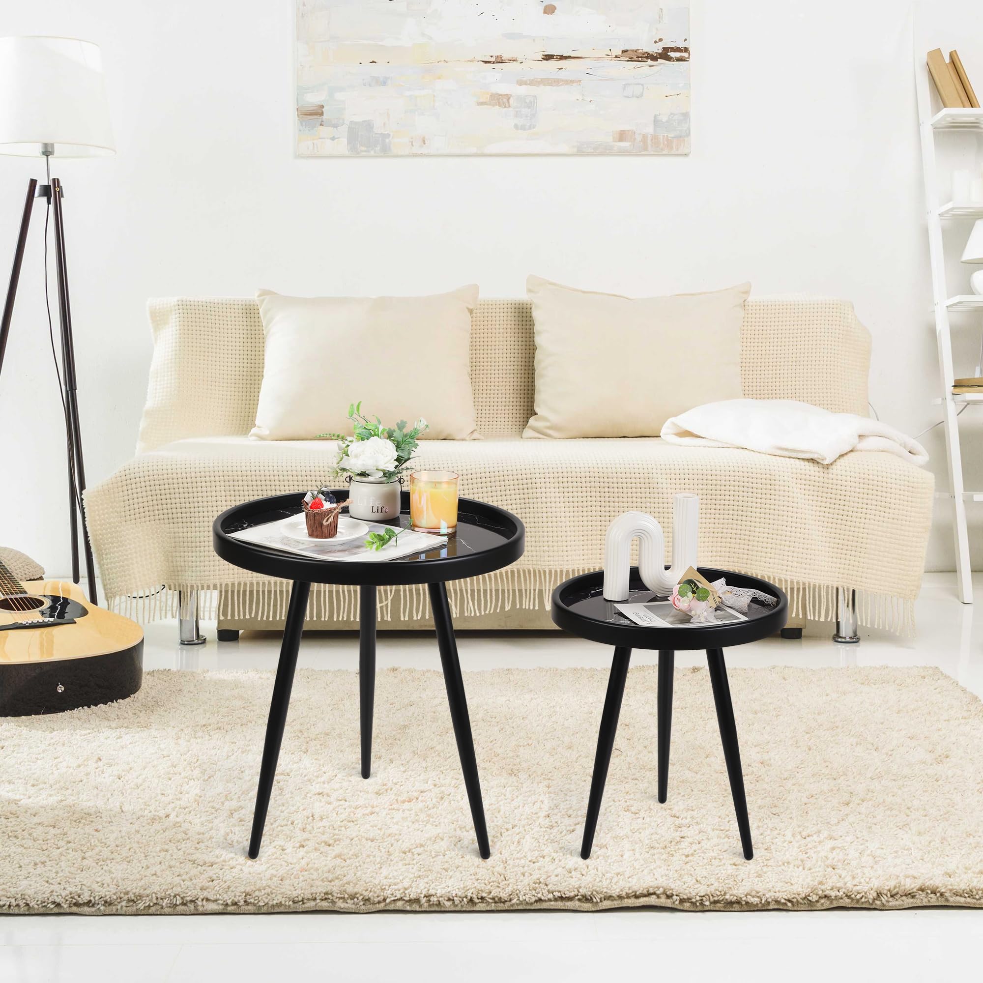 Round Side Table Set of 2,Black Marble Pattern Tray Shaped Small End Table