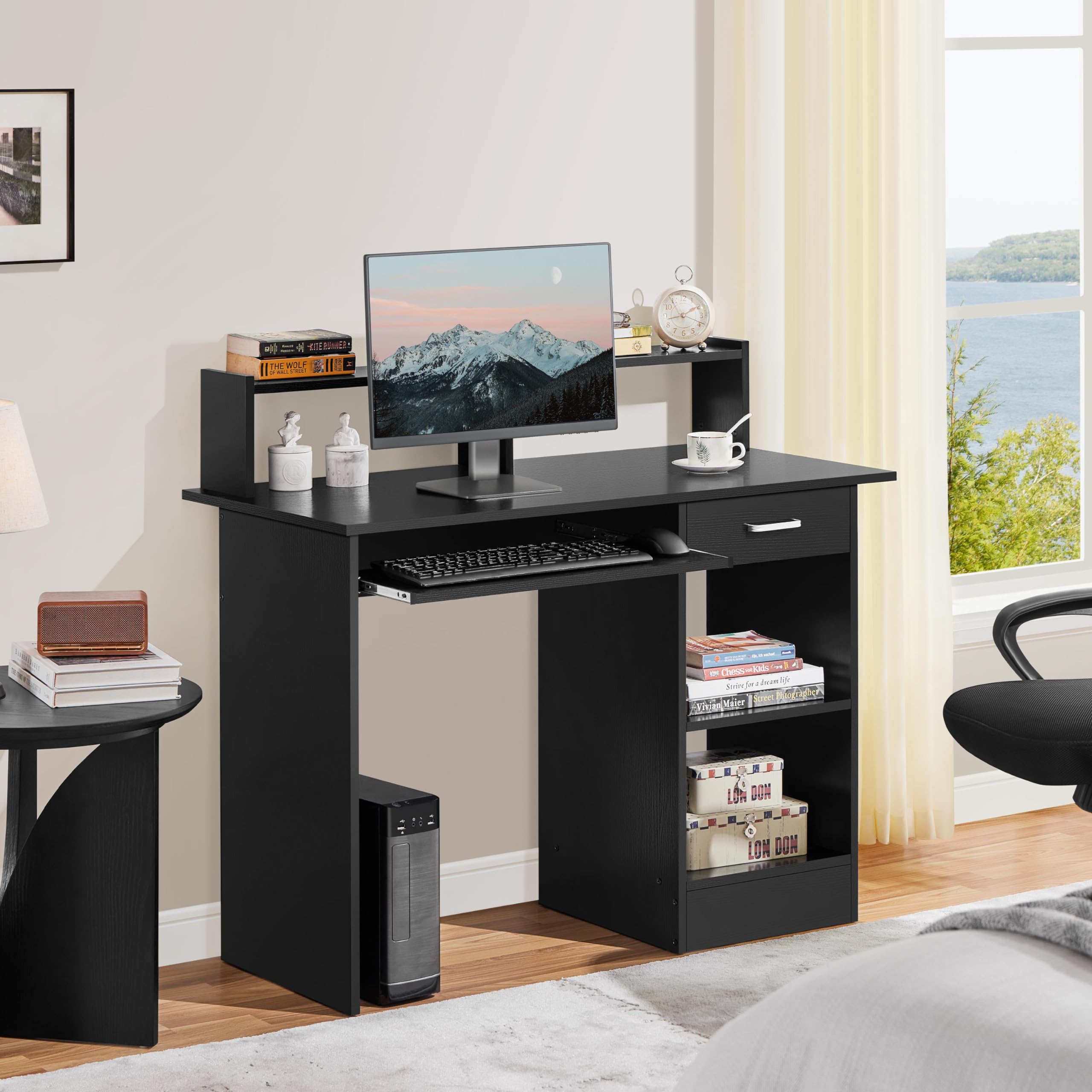 Home Office Wood Computer Desk with Drawers and Pull-Out Keyboard Tray