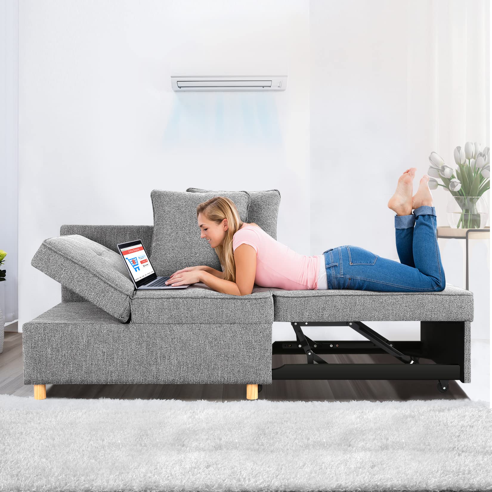 Sofa Bed 4-in-1 Convertible Sofas & Couches, 3-Seat Linen Fabric loveseat Sofa