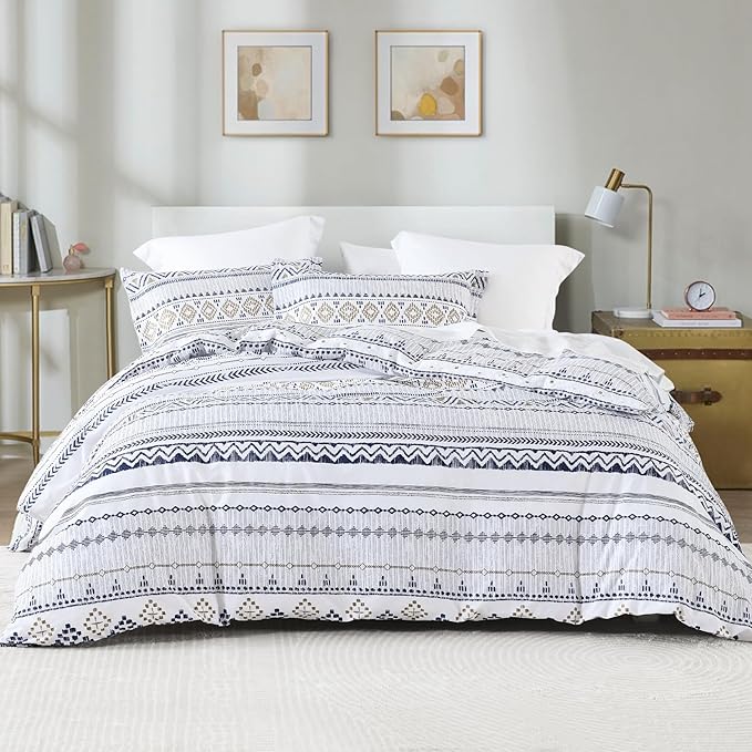 Boho Duvet Cover King Size - 100% Cotton Soft Boho Aztec White Navy Blue Beige Duvet Cover