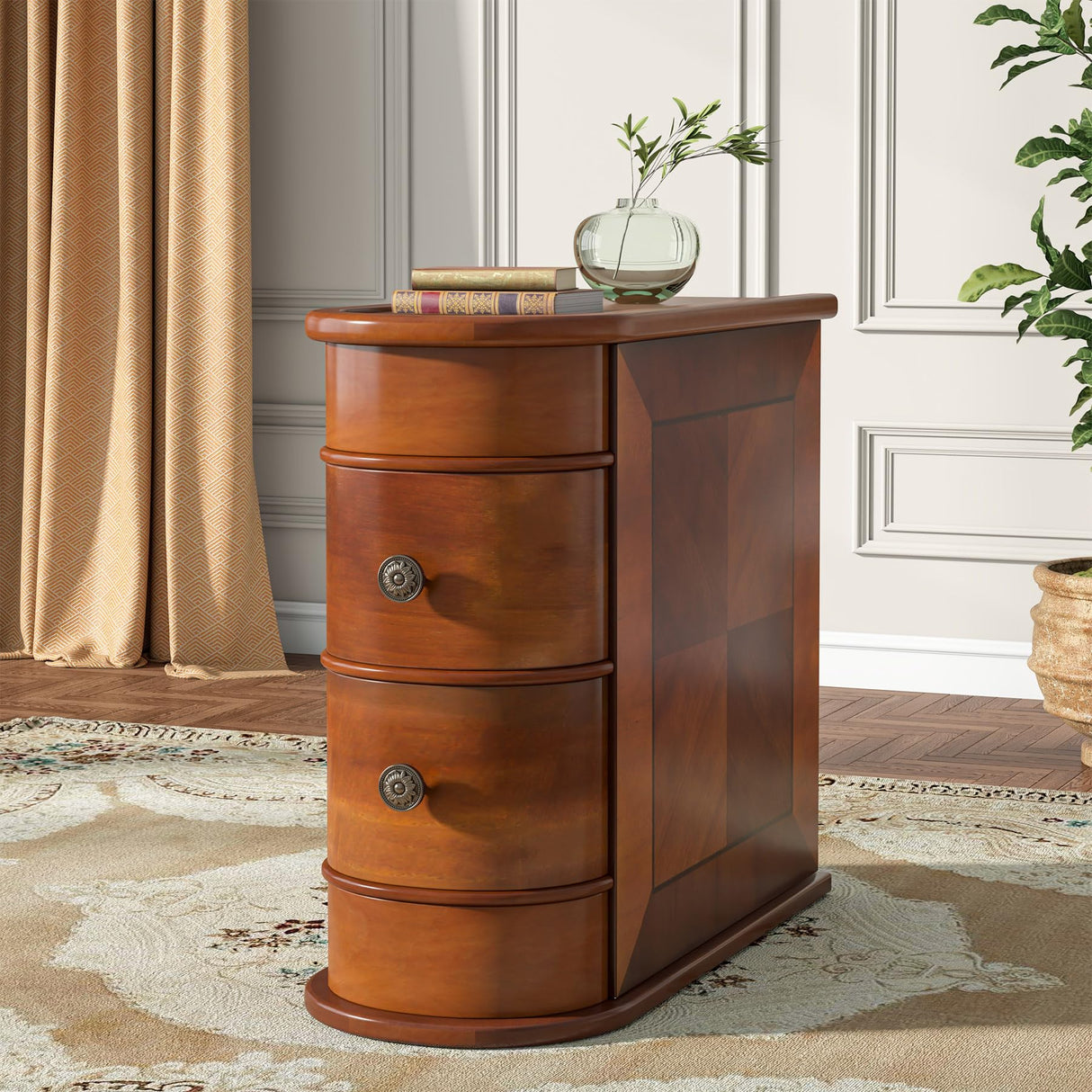 Solid Wood End Table, 2-Drawer Narrow Side Table Slim Chair Side Table