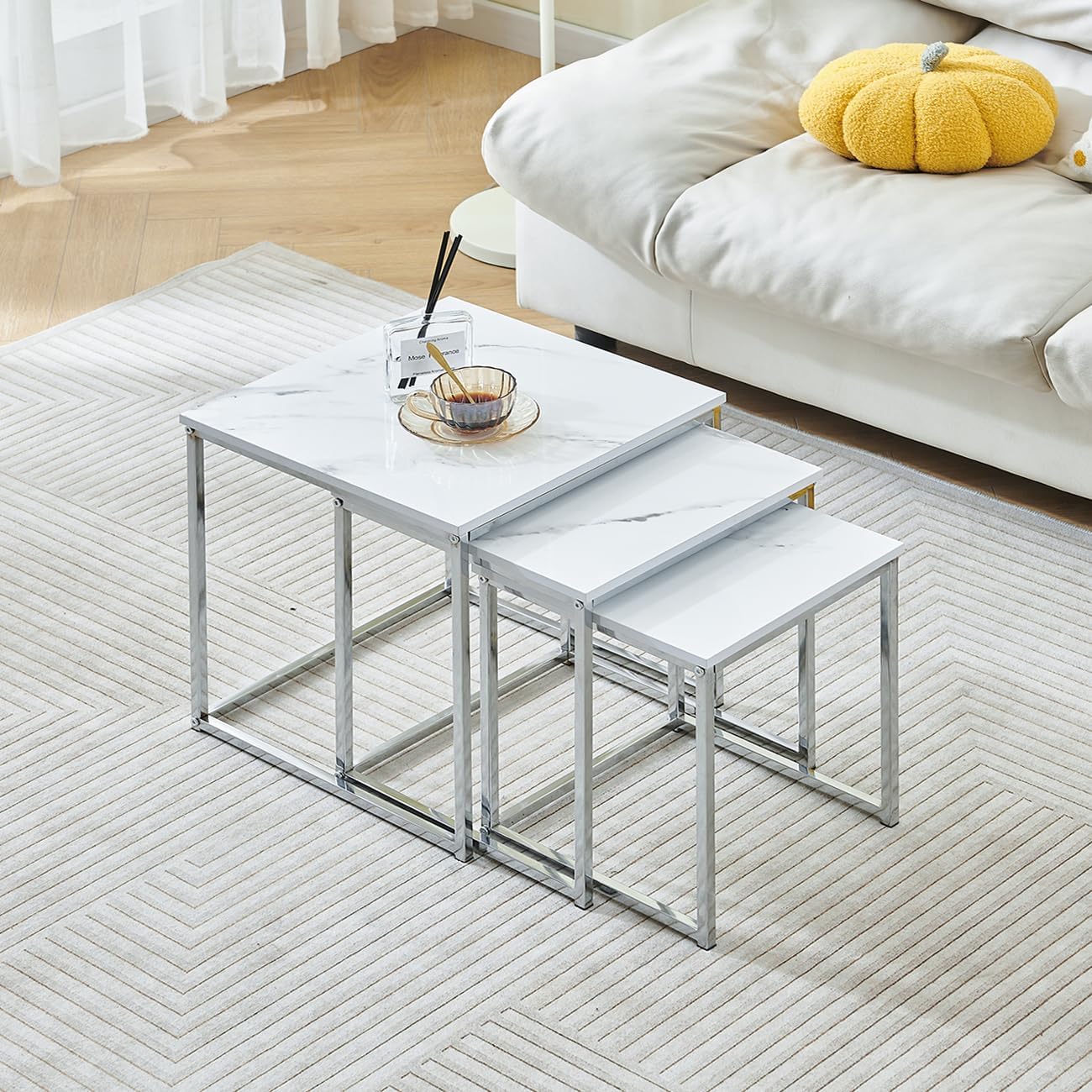 Set of 3 Square End Table Side Table Nesting Nightstand Chrome Finish Contemporary Furniture Home Living Room