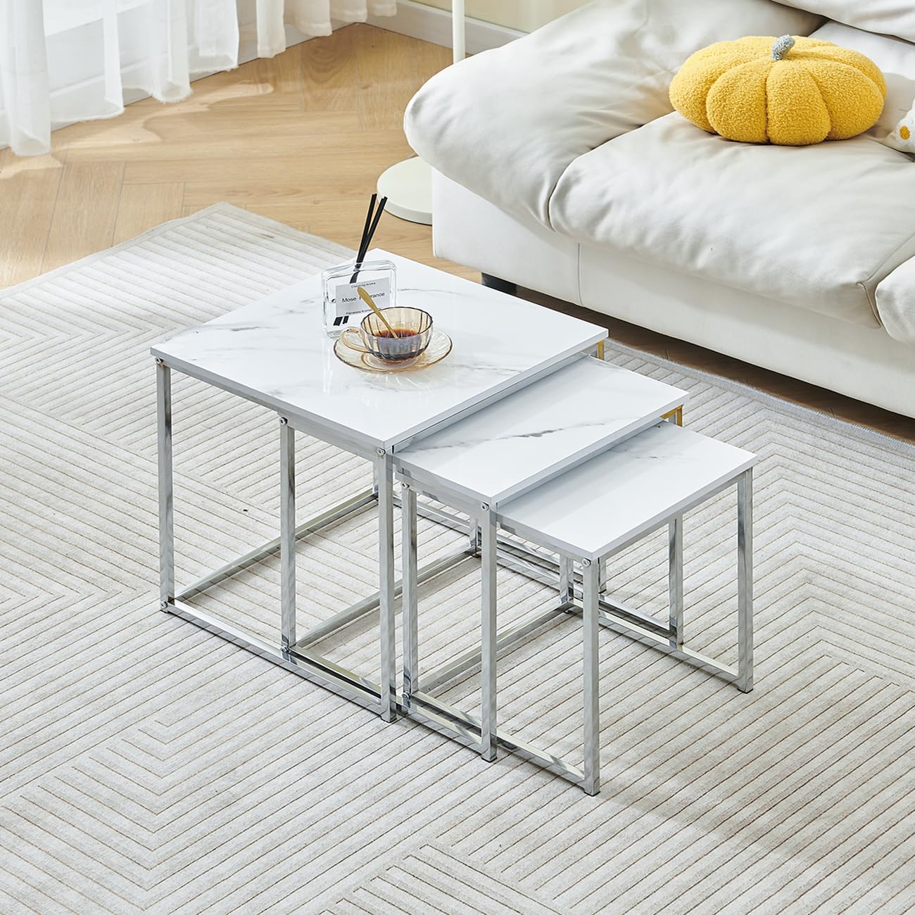 Set of 3 Square End Table Side Table Nesting Nightstand Chrome Finish Contemporary Furniture Home Living Room