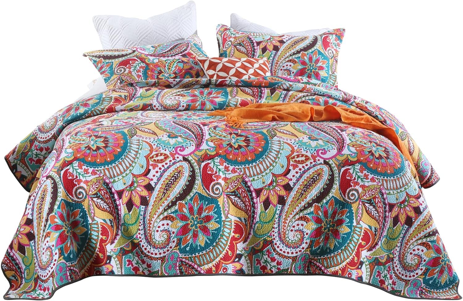 Cotton Twin Quilts Sets, 2 Piece Multicolor Paisley Pattern Red