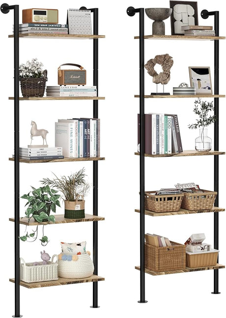 5-Tier Bookshelf Solid Wood Ladder Shelf, Narrow Book shelf Set of 2, Wooden Ladder