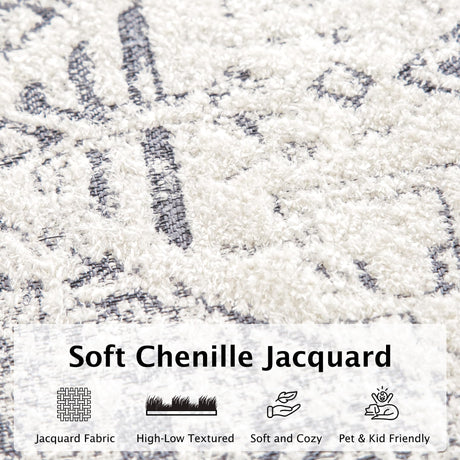 Boho Jacquard Area Rug Washable 8x10 Neutral Large Soft Living Room Rugs Chenille Vintage High-Low Textured Indoor Floor Non-Slip Rug Carpet for Bedroom, Office, Dining Room, Dorm, Grey