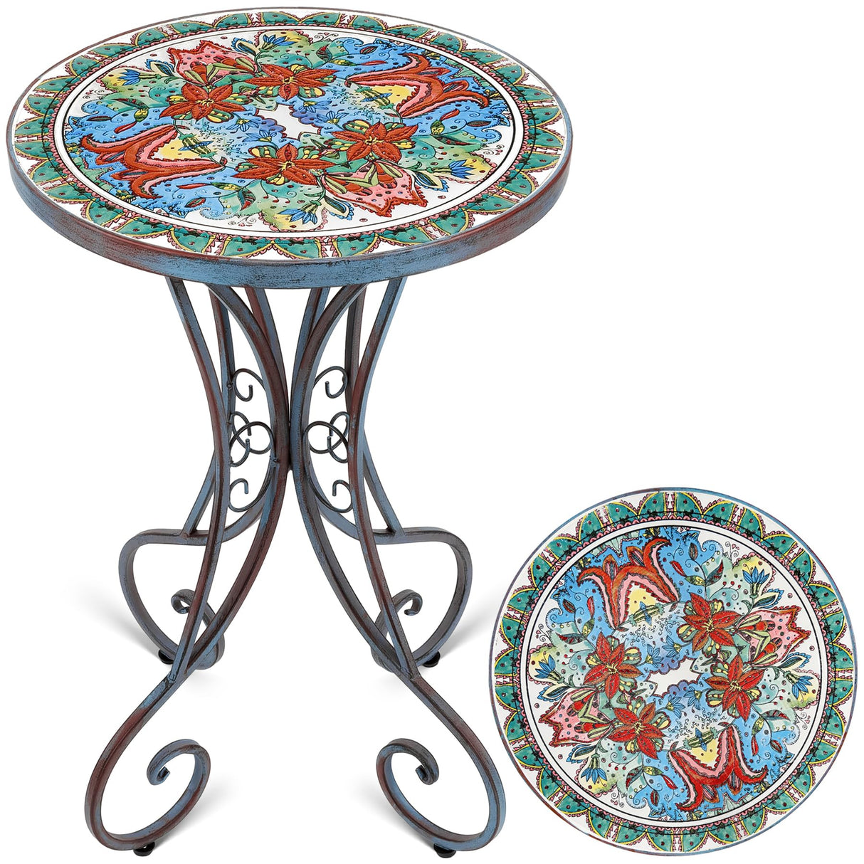 Mosaic Patio Table and Plant Stand, Outdoor Side Table for Patio with 14" Ceramic Tile Top