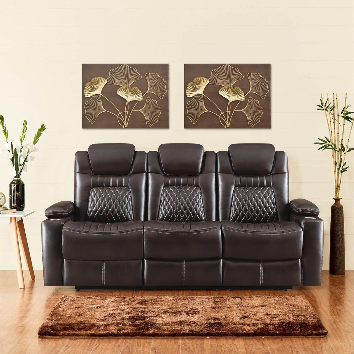 Leatherette Diamond Tufted Power Recliner Sofa with Drop Down Storage