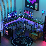 SkyMirror Computer Desk L Shaped 66" with LED Lights and Power Outlets, Reversible Gaming Desk with Monitor Stand and Printer Storage Shelves, Home Office Desk with USB and File Drawer (Vintage Brown)