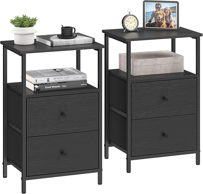 Nightstand, 24-Inch Tall Side Table with 2 Fabric Drawers and Storage Shelf