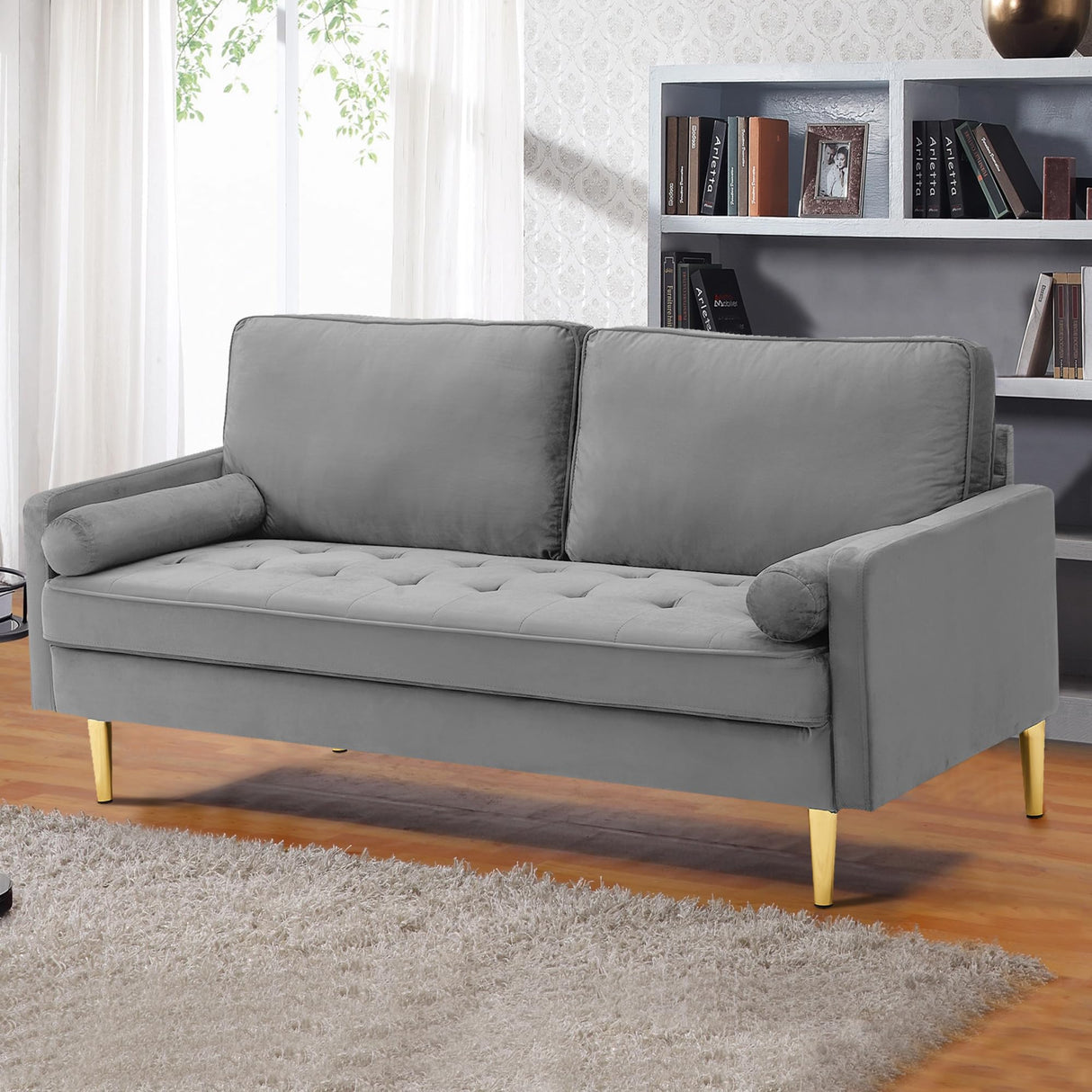 67" Mid Century Modern Loveseat Sofa, 2-Seater Velvet Tufted Love Seat Couch with Bolster Pillows, Golden Frosted Legs for Small Space, Living Room, Apartment, Bedroom (Grey)