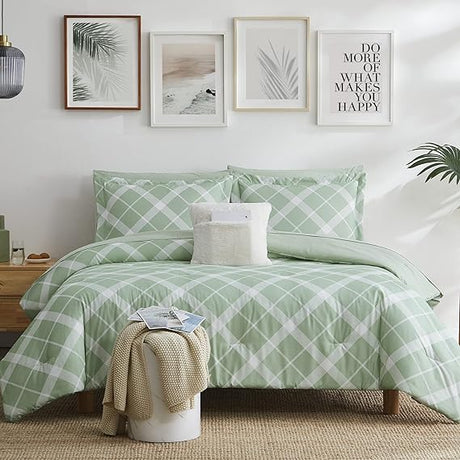 Queen Comforter Set, Plaid Design Comforter Set 7 Pieces