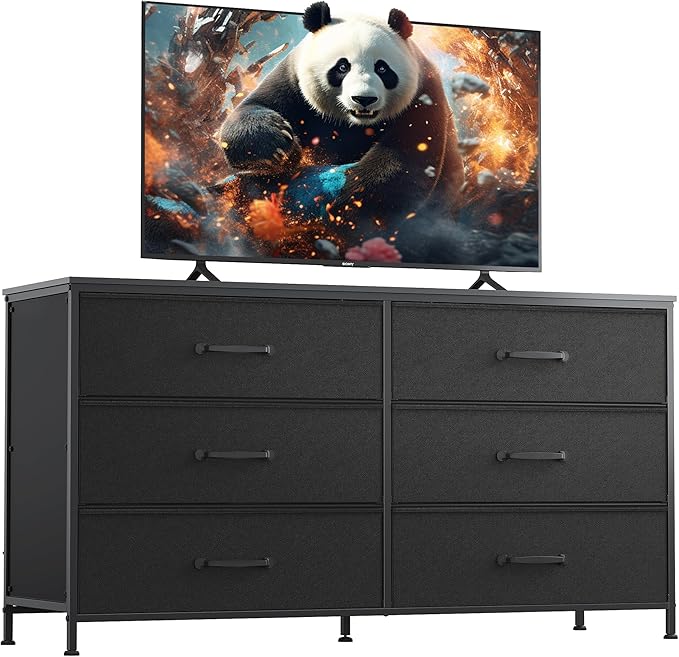 Wide Fabric Dresser, 6 Drawer Dresser TV Stand for 60" TV, Dressers Bedroom Furniture