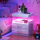 high Glossy LED Nightstand, White Night Stand with Charging Station and LED Lights,