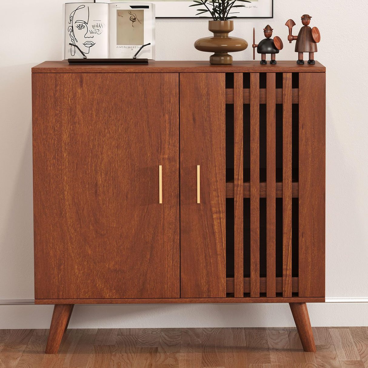 Century Walnut Storage Cabinet, Accent Cabinet with Solid Wood Legs, Adjustable Shelf, Credenza, Sideboard Buffet Cabinet with Storage, Ideal for Coffee Bar or Dining Room Brown