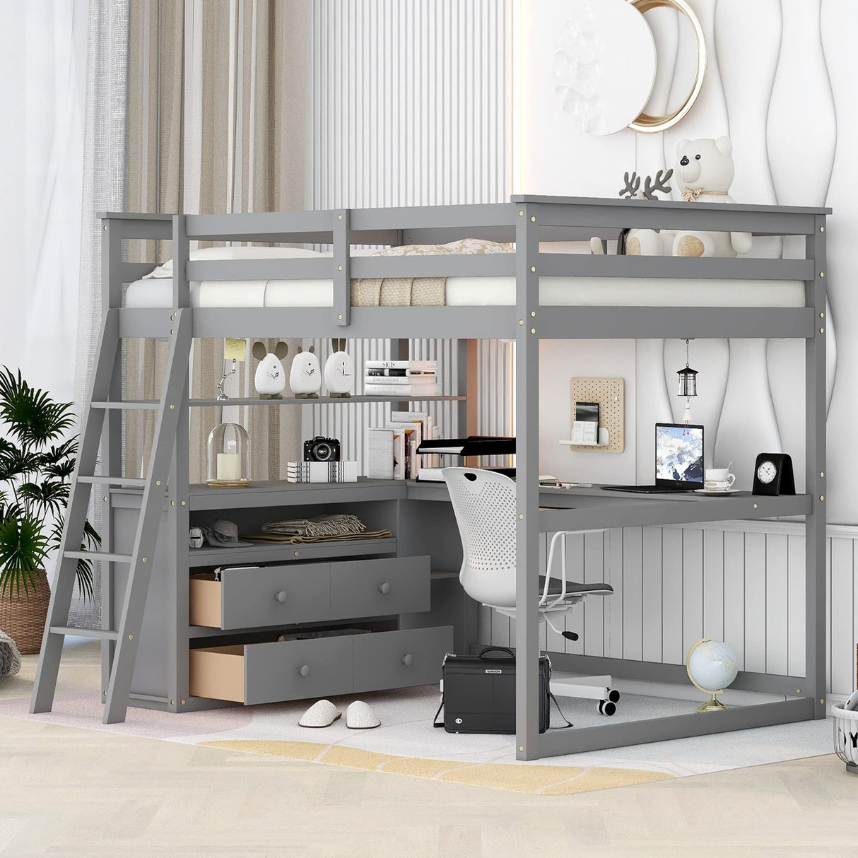 Full Size Loft Bed with Desk and Shelves, Wooden Loft Bed Full with Storage Drawers