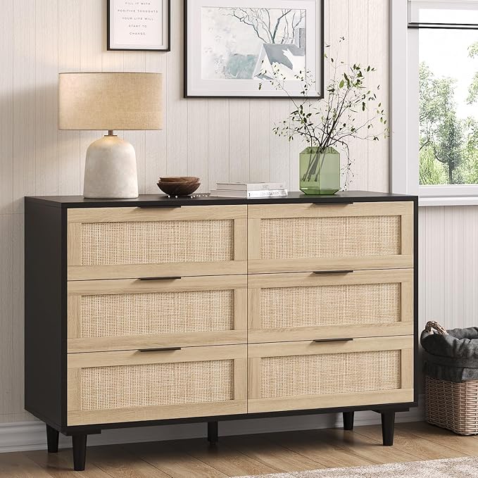 Sar Rattan Dresser for Bedroom, 6 Drawer Wide Dresser, Boho&Farmhouse Chest of