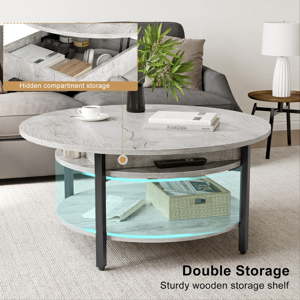 Round Lift Top Coffee Table, 35.43’’ Circle Coffee Table with Storage